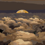 Golden moon rising above dark clouds in atmospheric night painting