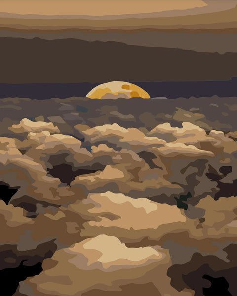 Golden moon rising above dark clouds in atmospheric night painting