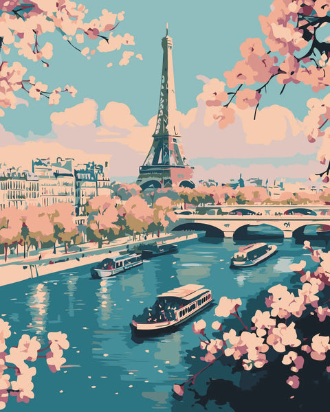 Painting of the Eiffel Tower with cherry blossoms and river boats