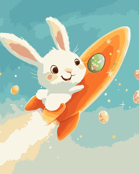 Rocket Bunny Paint by Numbers Kit featuring a joyful bunny riding an orange rocket through the sky, surrounded by floating Easter eggs.
