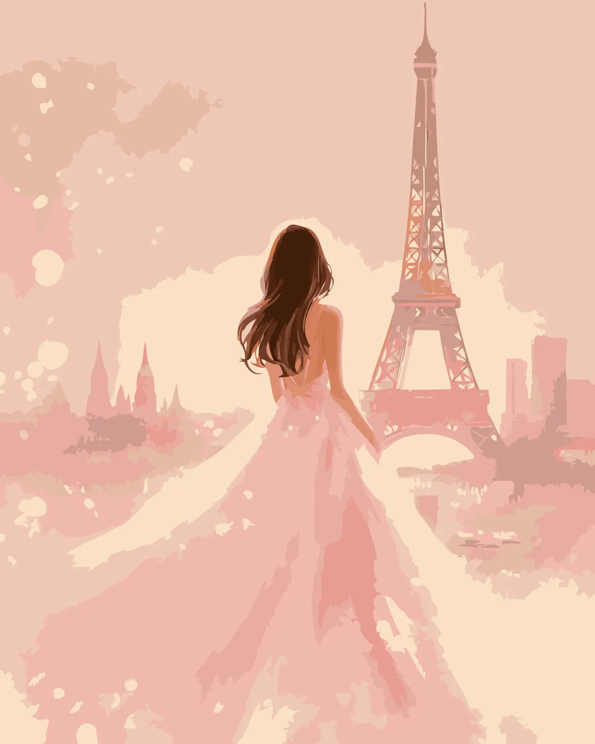 Woman in flowing dress looking at Eiffel Tower in Paris