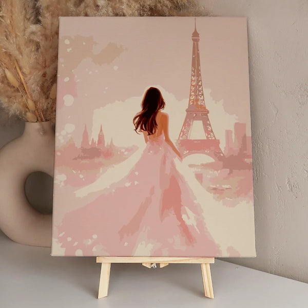 Woman in flowing dress looking at Eiffel Tower in Paris