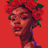 Abstract portrait of a woman with red roses and bold colors
