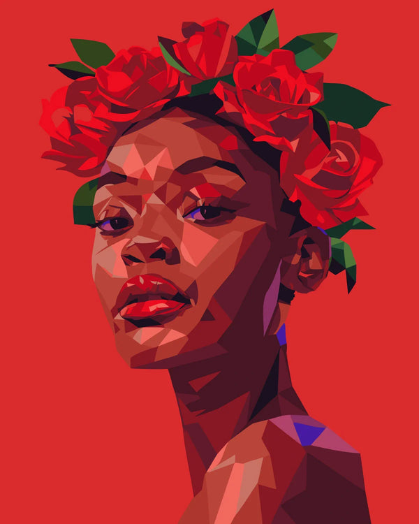 Abstract portrait of a woman with red roses and bold colors