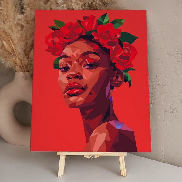 Abstract portrait of a woman with red roses and bold colors