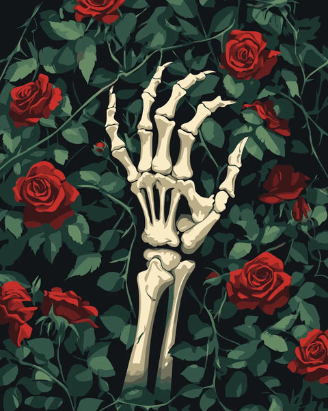 Skeletal hand reaching through vibrant red roses and green vines, featured in the Roses and Ruins paint by numbers kit.