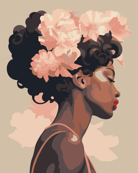 Elegant woman with floral hair in soft pastel tones painting