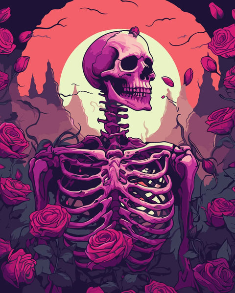 Skeleton surrounded by blooming roses under a dramatic moonlight