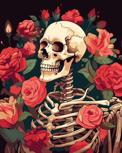 Smiling skeleton surrounded by vibrant red roses and candlelight