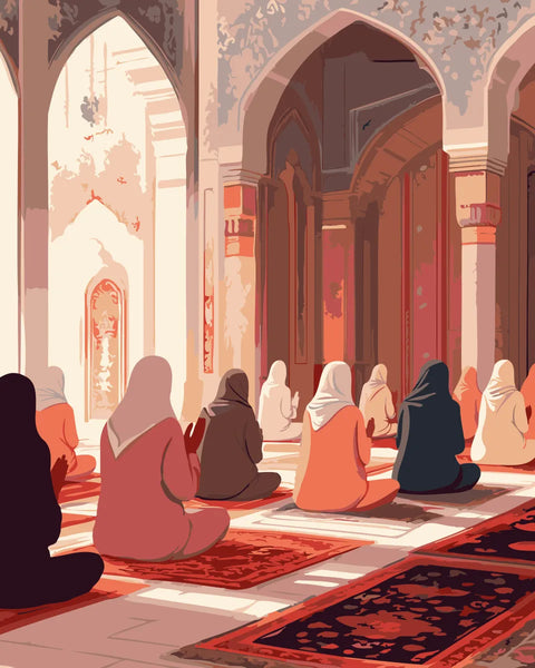 Women kneeling in prayer inside a sunlit mosque, dressed in traditional attire, surrounded by elegant archways and warm light filtering through the sacred space.