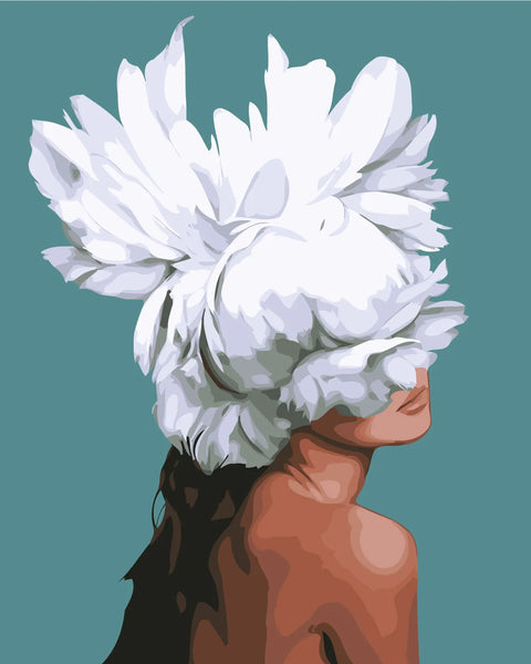 Surreal portrait of a woman with a large white flower