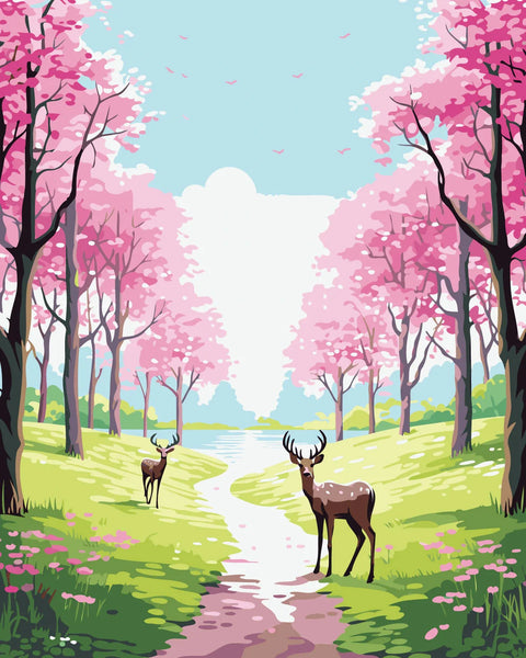Deer in a vibrant cherry blossom forest with a river