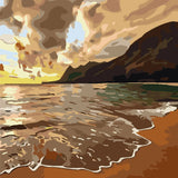 Golden beach sunset painting with waves, mountains, and dramatic sky
