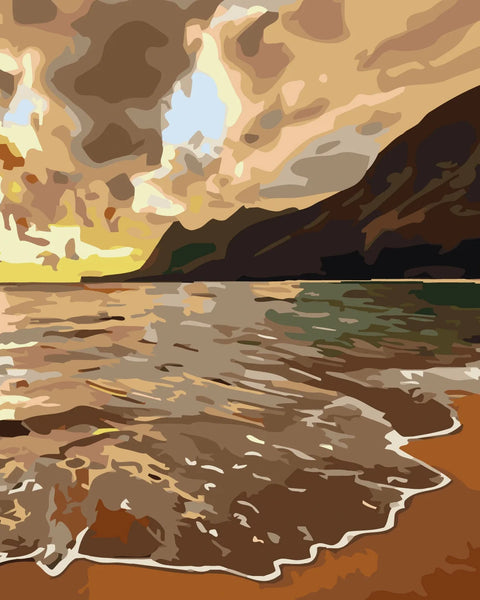 Golden beach sunset painting with waves, mountains, and dramatic sky