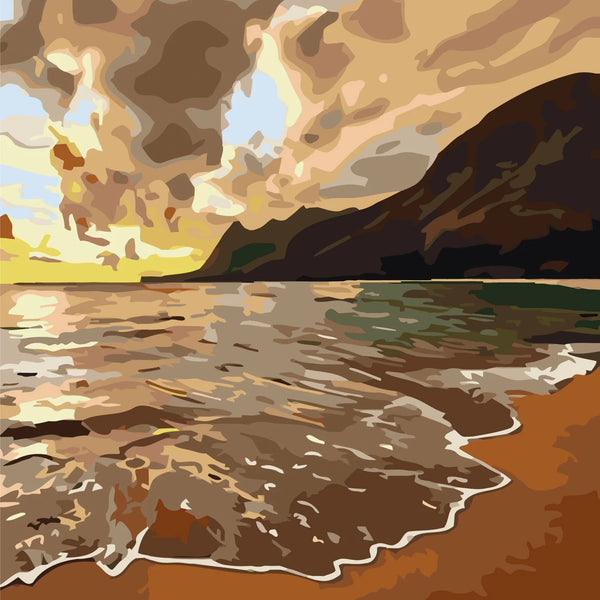Golden beach sunset painting with waves, mountains, and dramatic sky