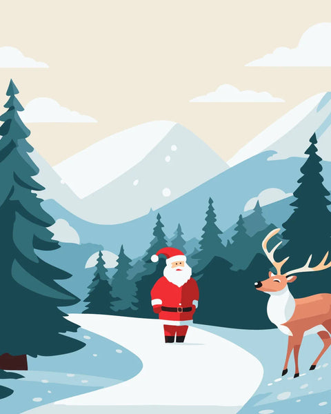 Santa Claus and reindeer in a snowy winter mountain landscape