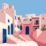 Mediterranean village with pastel buildings, blue doors, and stairs