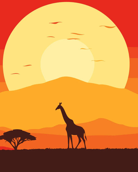 Silhouette of a giraffe in an African sunset savanna scene