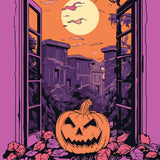 Halloween-themed painting with jack-o'-lantern, full moon, and spooky buildings