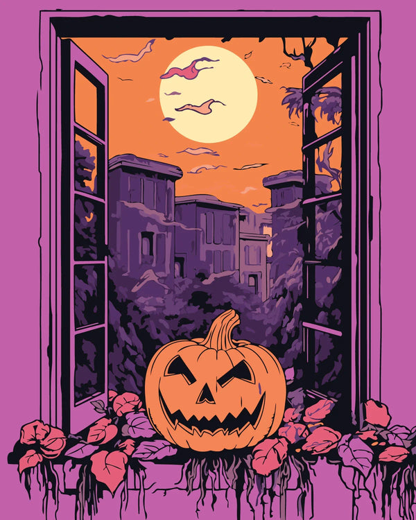 Halloween-themed painting with jack-o'-lantern, full moon, and spooky buildings