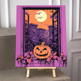 Halloween-themed painting with jack-o'-lantern, full moon, and spooky buildings