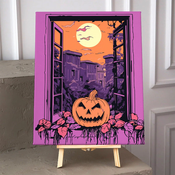 Halloween-themed painting with jack-o'-lantern, full moon, and spooky buildings