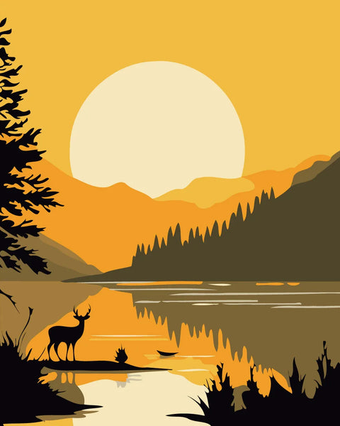 Silhouette of a deer by a lake with sunset mountains