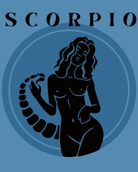 Minimalist Scorpio zodiac woman with a scorpion tail design