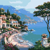Coastal village painting with seaside villas, blue water, and boats
