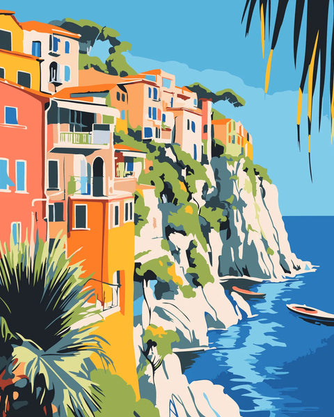 Colorful coastal village on cliffs overlooking the Mediterranean Sea