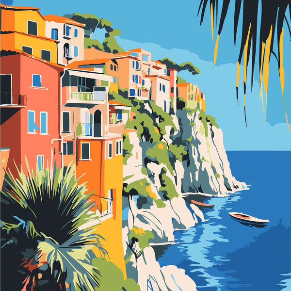 Colorful coastal village on cliffs overlooking the Mediterranean Sea