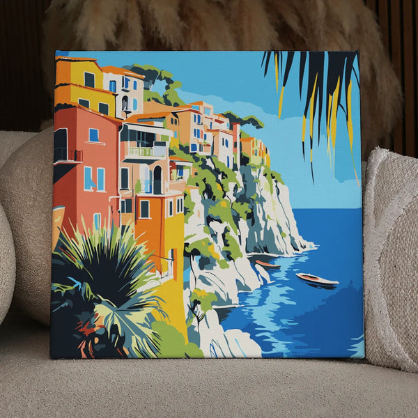 Colorful coastal village on cliffs overlooking the Mediterranean Sea