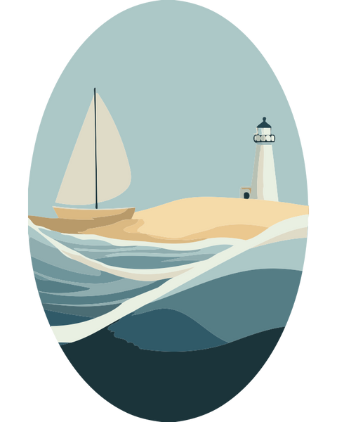 Seaside Egg Paint by Numbers Kit featuring a sailboat, lighthouse, and waves within an Easter egg-shaped canvas in soft coastal tones.