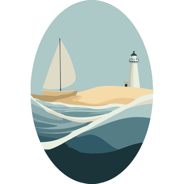 Seaside Egg Paint by Numbers Kit featuring a sailboat, lighthouse, and waves within an Easter egg-shaped canvas in soft coastal tones.