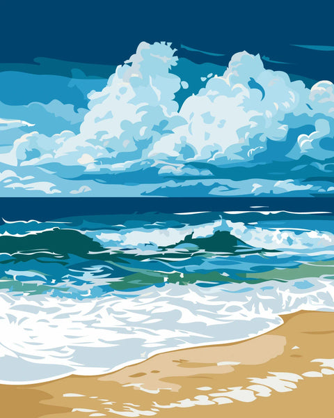 Waves crashing on a sandy beach under a cloudy sky