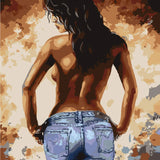Painting of a topless woman in jeans with a fiery background