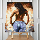 Painting of a topless woman in jeans with a fiery background