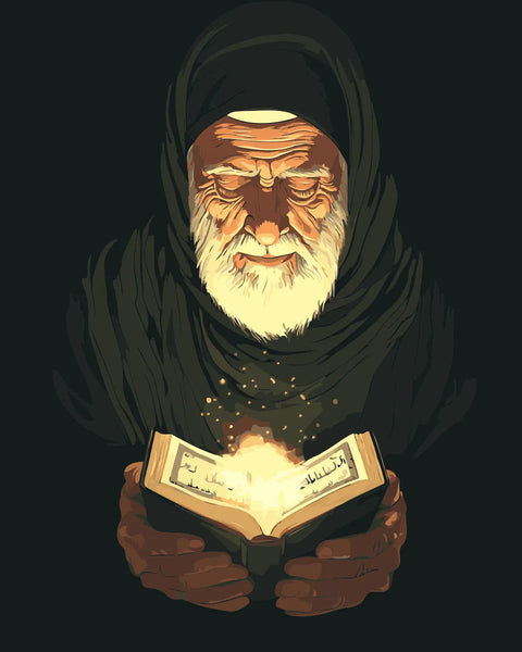An elderly man dressed in dark robes holds an open, glowing book, his face illuminated by its golden light, symbolizing wisdom, faith, and spiritual enlightenment.