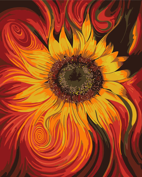 Vibrant abstract sunflower with swirling red and yellow patterns