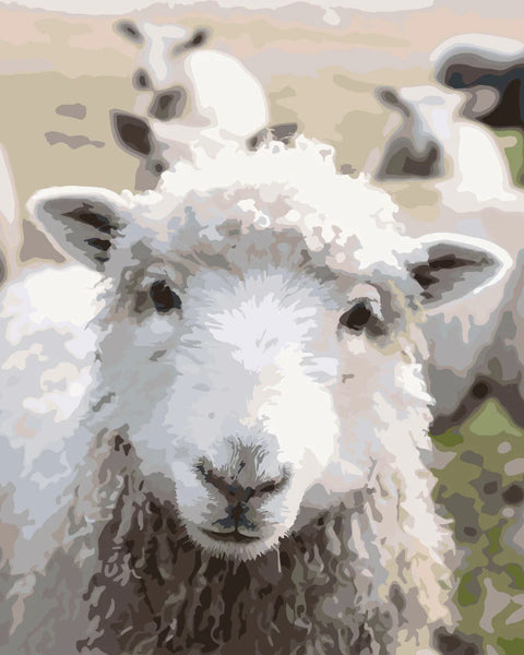 Close-up painting of a sheep with a flock in the background