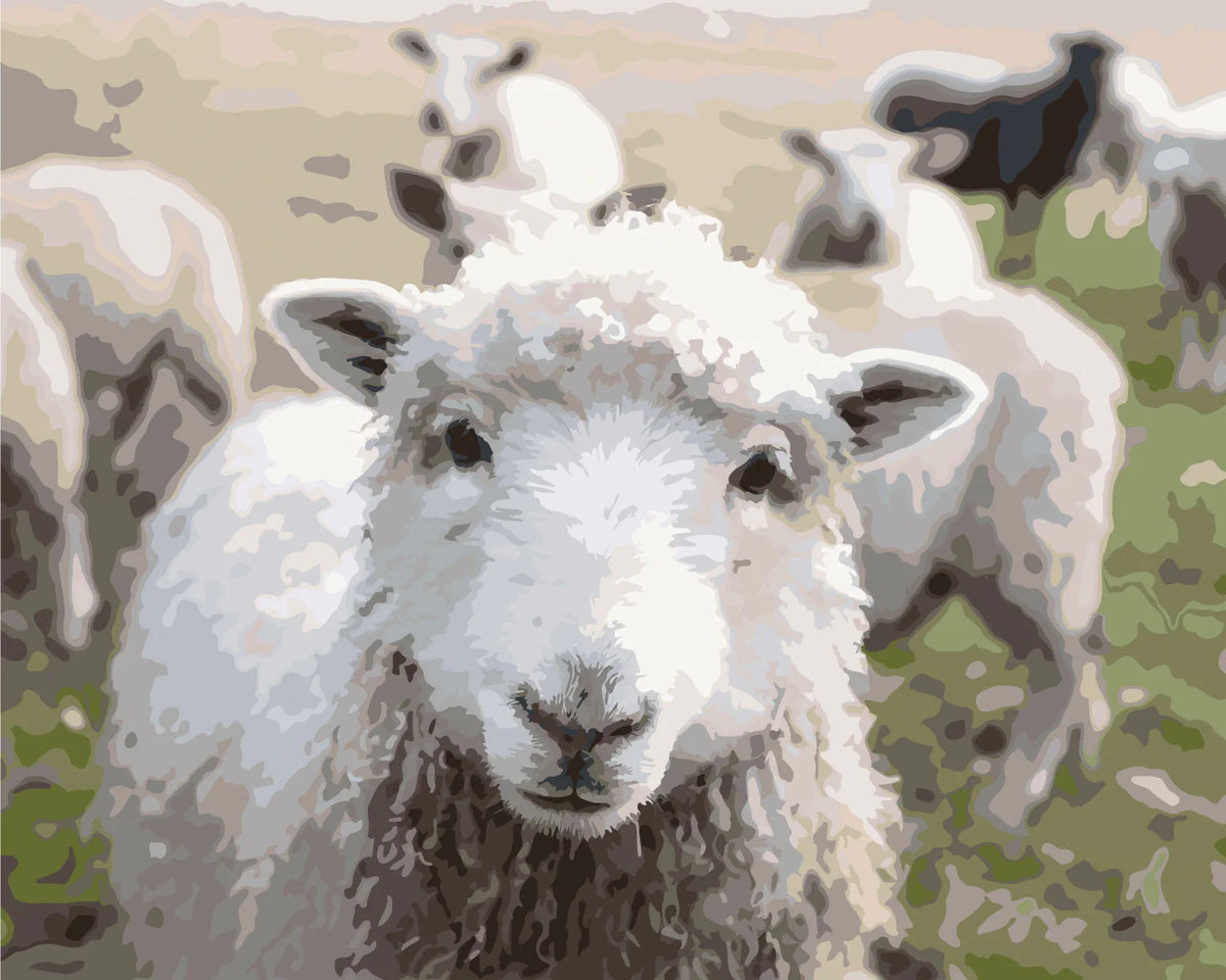 Close-up painting of a sheep with a flock in the background
