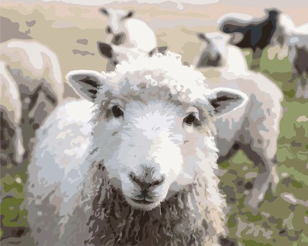 Close-up painting of a sheep with a flock in the background