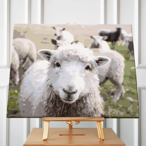 Close-up painting of a sheep with a flock in the background