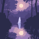 A mysterious, ghostly figure stands still on a moonlit lake, surrounded by dense forest and shimmering reflections, creating a haunting yet mesmerizing scene.