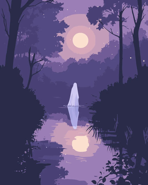 A mysterious, ghostly figure stands still on a moonlit lake, surrounded by dense forest and shimmering reflections, creating a haunting yet mesmerizing scene.