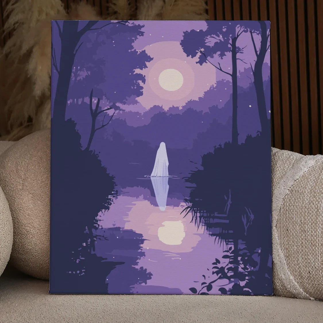 A mysterious, ghostly figure stands still on a moonlit lake, surrounded by dense forest and shimmering reflections, creating a haunting yet mesmerizing scene.