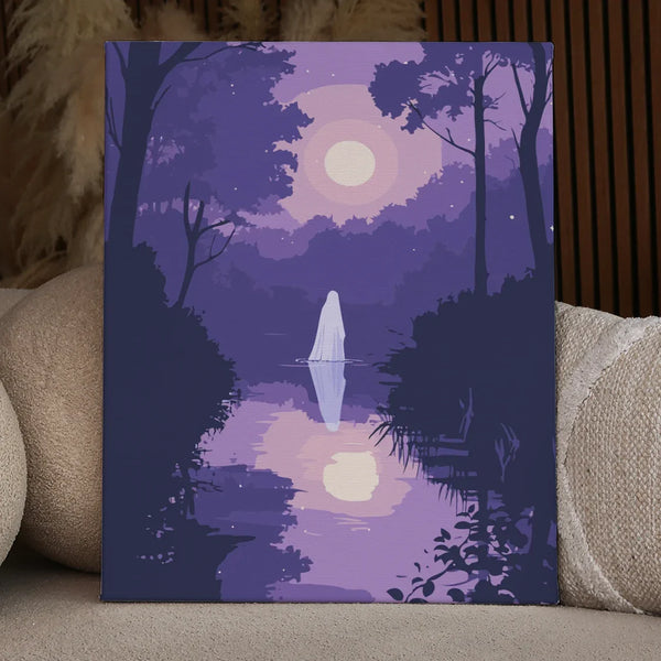 A mysterious, ghostly figure stands still on a moonlit lake, surrounded by dense forest and shimmering reflections, creating a haunting yet mesmerizing scene.