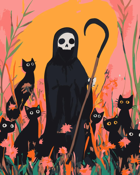 Grim Reaper with black cats in a colorful surreal landscape