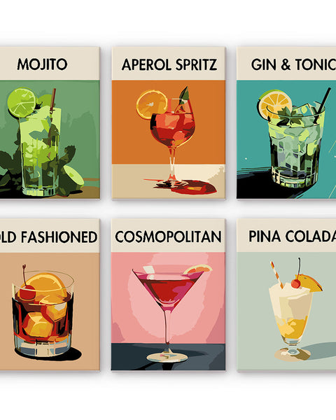 Sip Society Paint by Numbers Kit by Artspark, featuring six mini-canvas designs of popular cocktails including Mojito, Aperol Spritz, Gin & Tonic, Old Fashioned, Cosmopolitan, and Pina Colada.