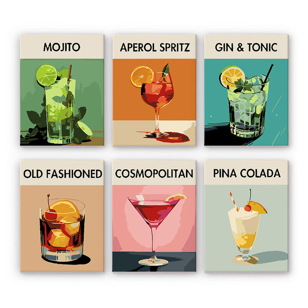 Sip Society Paint by Numbers Kit by Artspark, featuring six mini-canvas designs of popular cocktails including Mojito, Aperol Spritz, Gin & Tonic, Old Fashioned, Cosmopolitan, and Pina Colada.